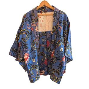 Vintage 1940s Japanese Haori Silk Kimono Jacket Blue Floral Print Traditional